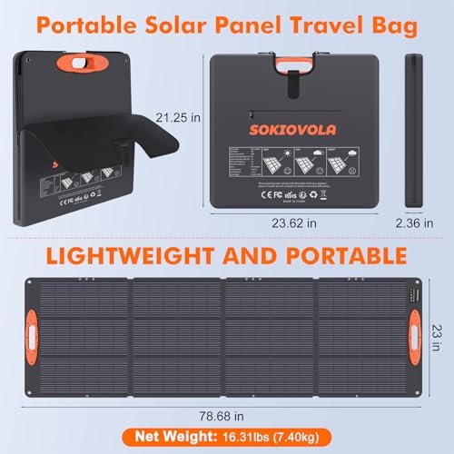 Sokiovola - 200W foldable solar panel shown folded and unfolded with measurements: 21.25x23.62x2.36 inches folded, 78.68x23 i